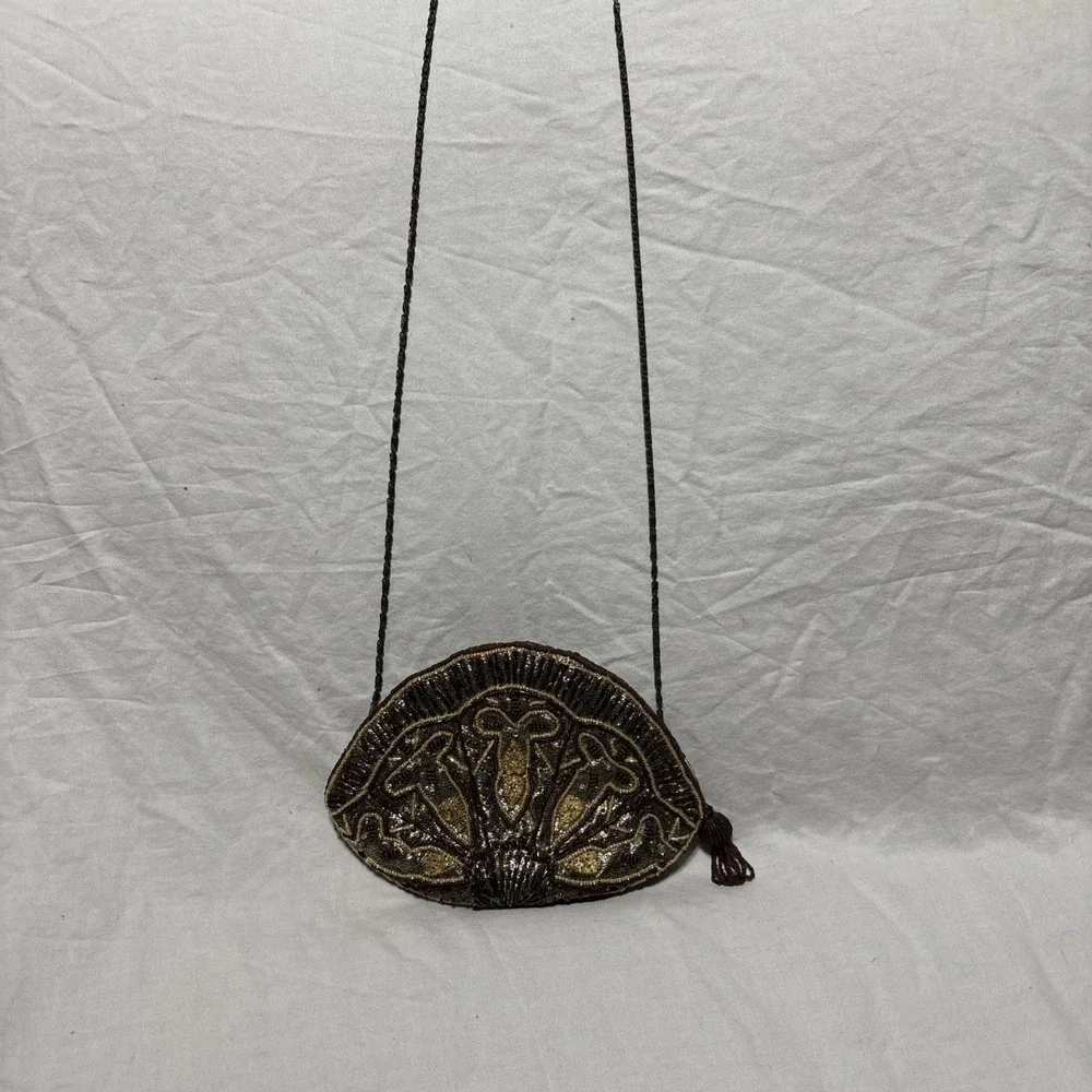 Vintage Beaded Evening Bag Clutch Purse Chain Strap Brown Gold Party‎ Crossbody